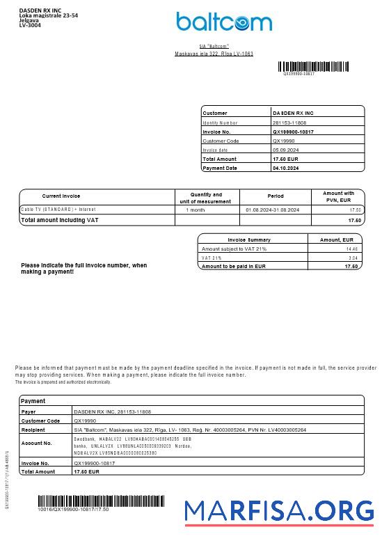 Blank Latvia Baltcom telecommunications business utility bill template in Word and PDF formats (English version)